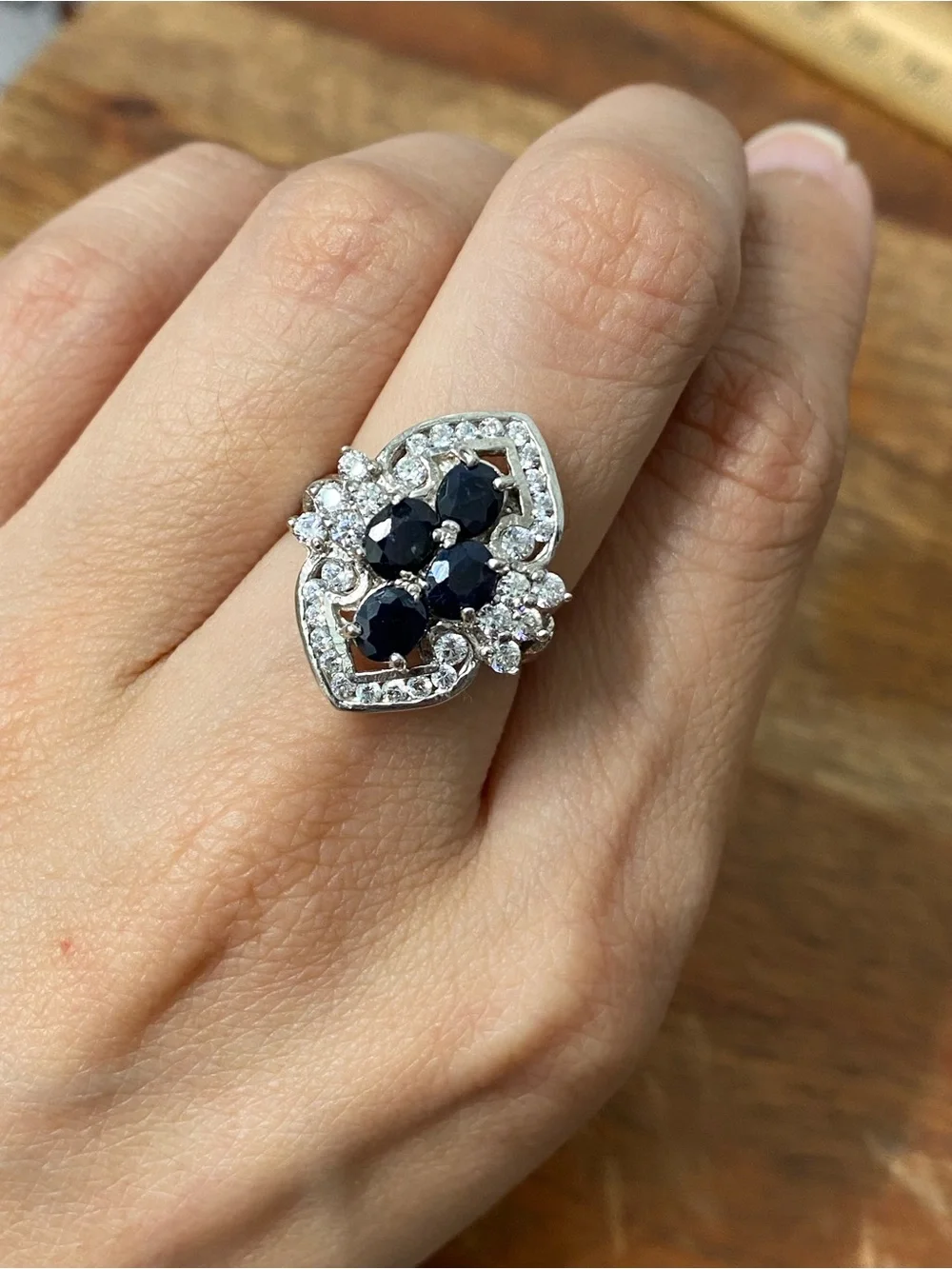 925 Sterling Silver Natural Dark Blue Sapphire And CZ Ring